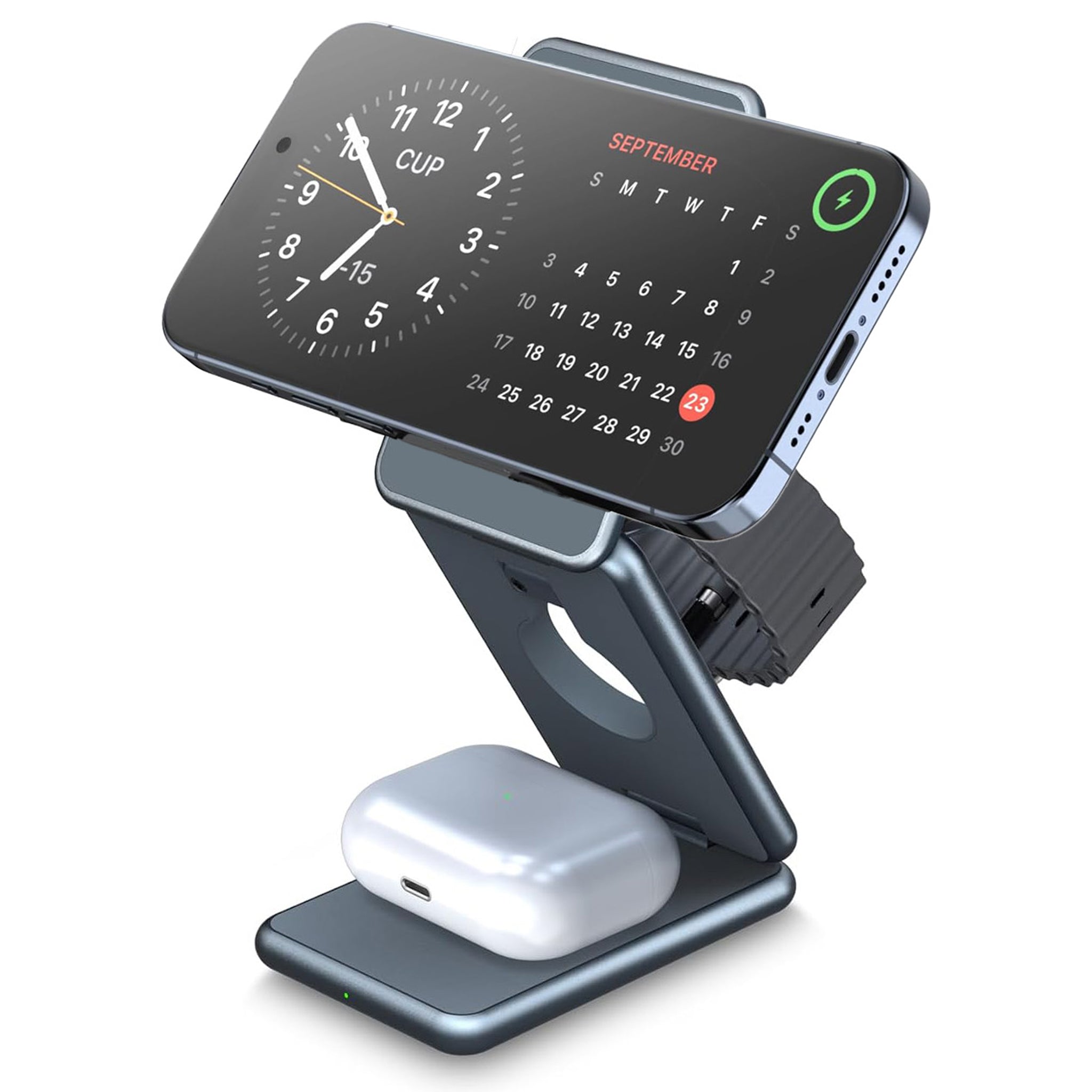 Cargador inalámbrico de mesa de noche 3 en 1 compatible con iPhone, AirPod y Apple Watch Ultra - Cargador inalámbrico de mesa de noche