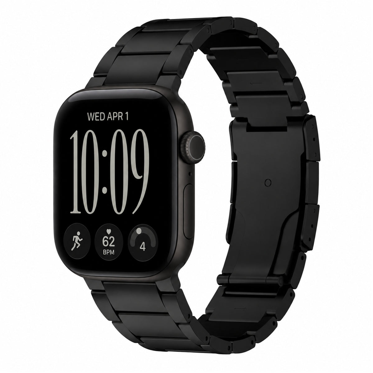 A black Titanium strap with a matching black metal link band, shown on an Apple Watch Series 12. The watch face is on and displays the time as 10:09.