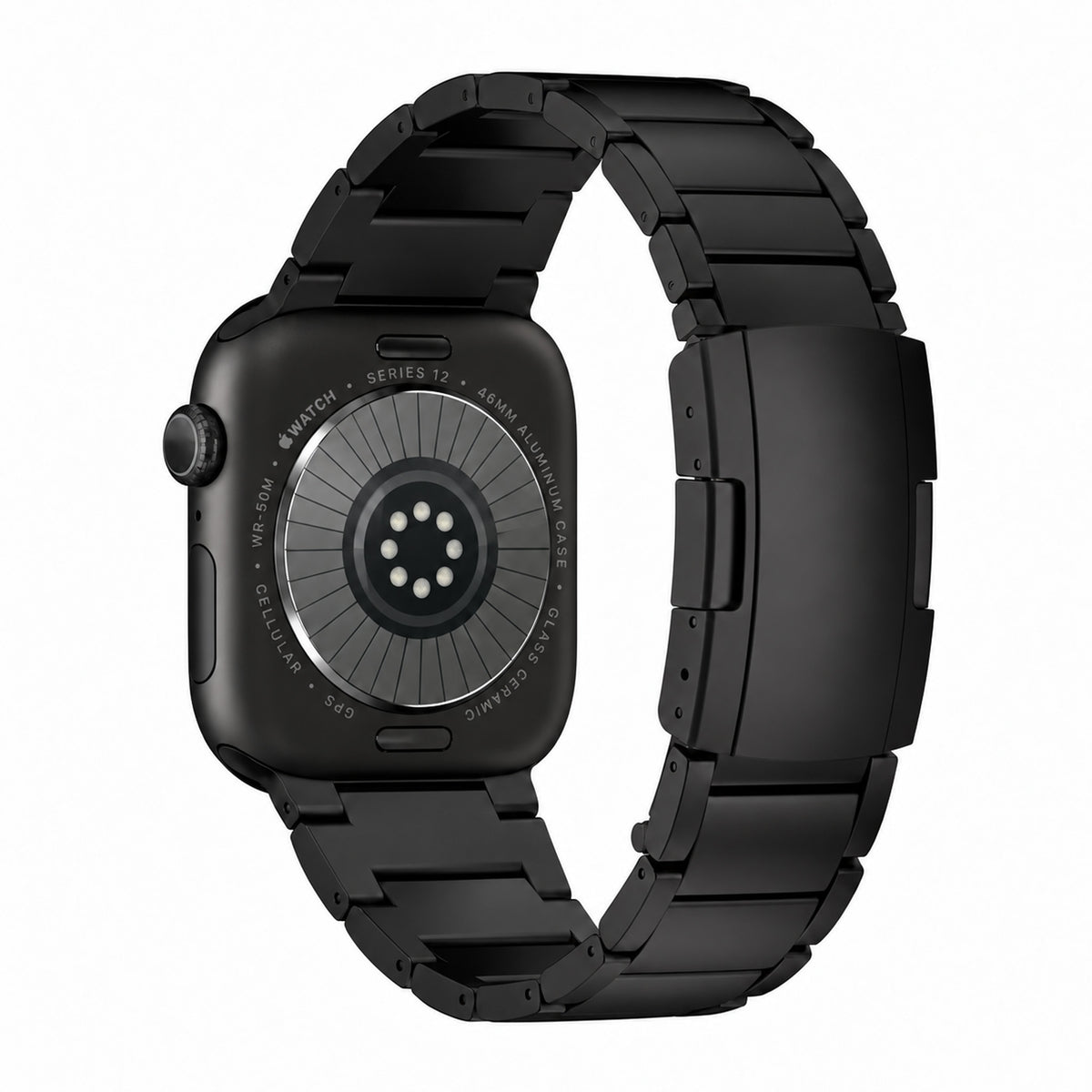 Titanium strap shown on a black Apple Watch Series 12 smartwatch. It shows the back of the strap along with the back of Apple Watch, showing the sensors